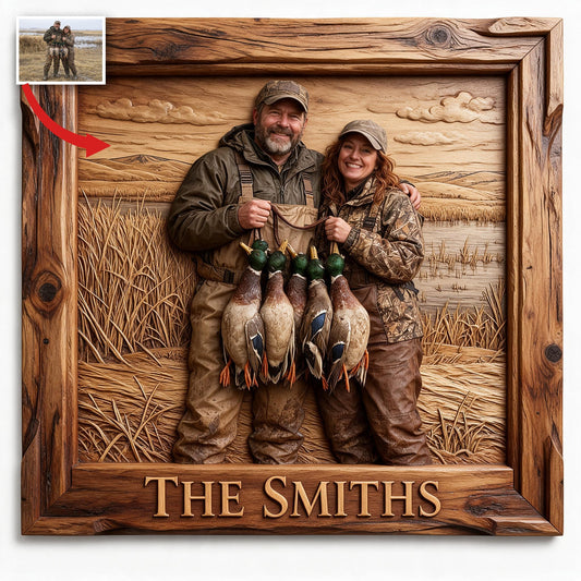 Panneau en Bois Personnalisé Couple de Chasseurs de Canards