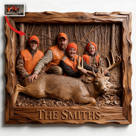Panneau en Bois Personnalisé Photo de Chasse en Famille avec Cerf