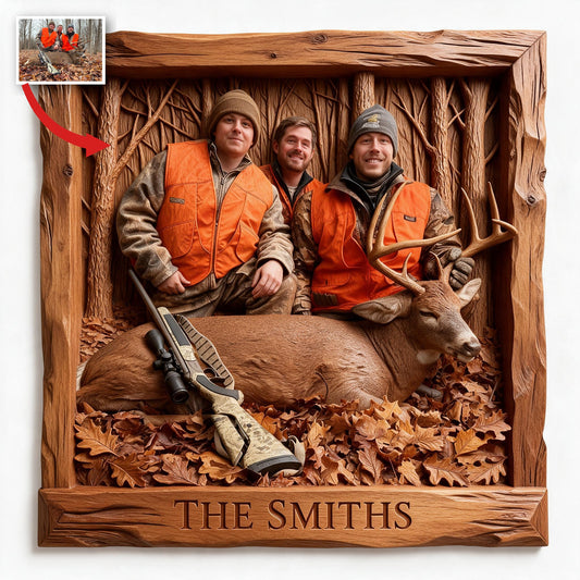 Cadeau Personnalisé Photo de Groupe de Chasse avec Panneau en Bois en Forme de Cerf