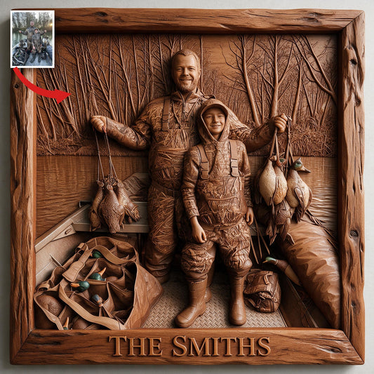 Panneau en Bois Personnalisé Photo Père et Enfant Chasseurs de Canards