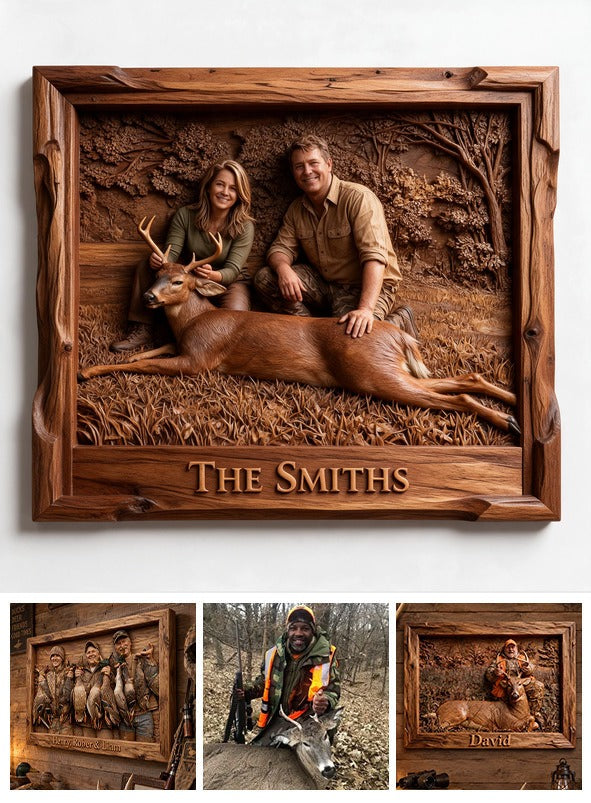 Personalized Custom Photo Middle-Aged Hunting Couple with Deer Shaped Wood Sign Hunting Decor