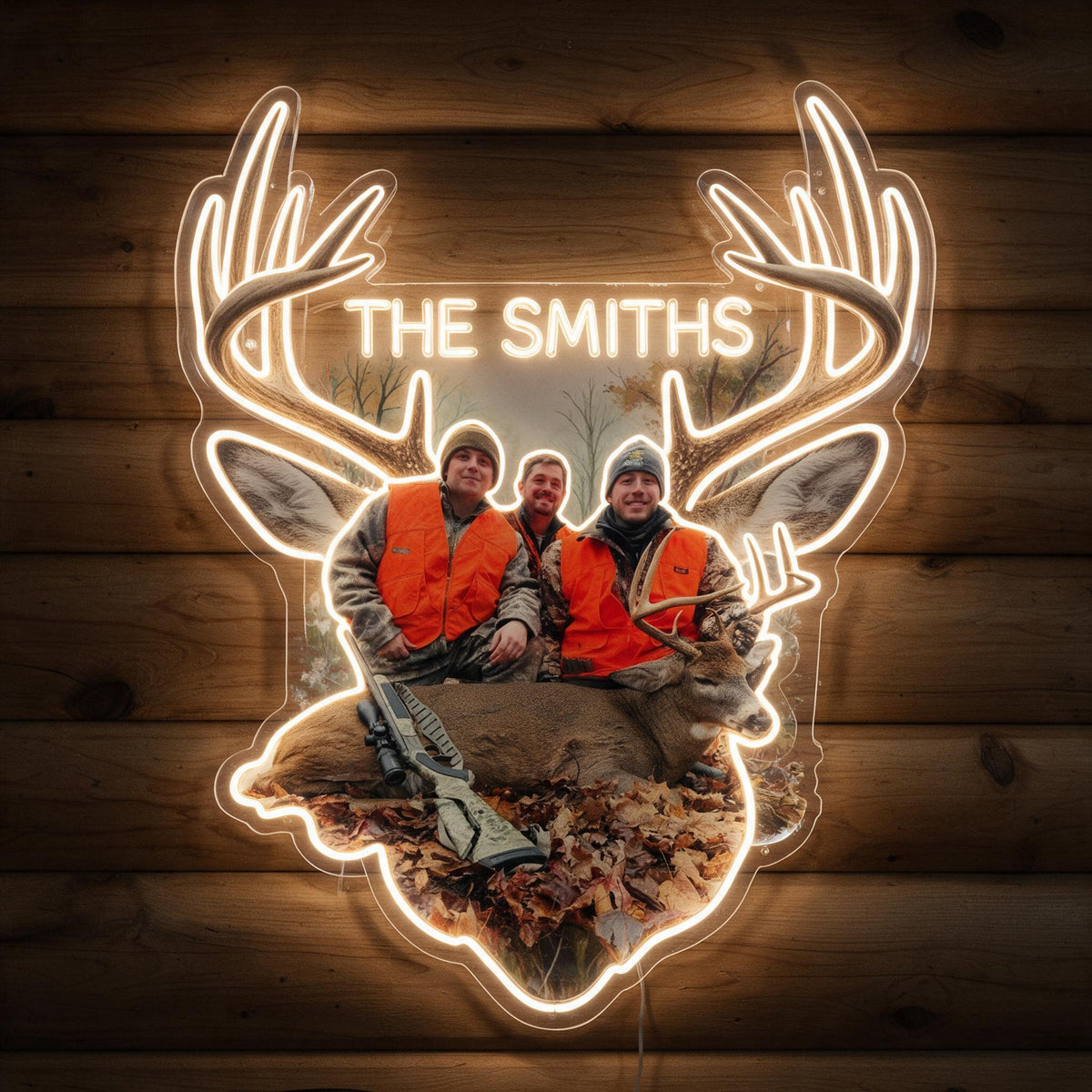 Personalized Custom Photo Hunting Group with Deer Neon LED Light Sign Hunting Cabin Decor