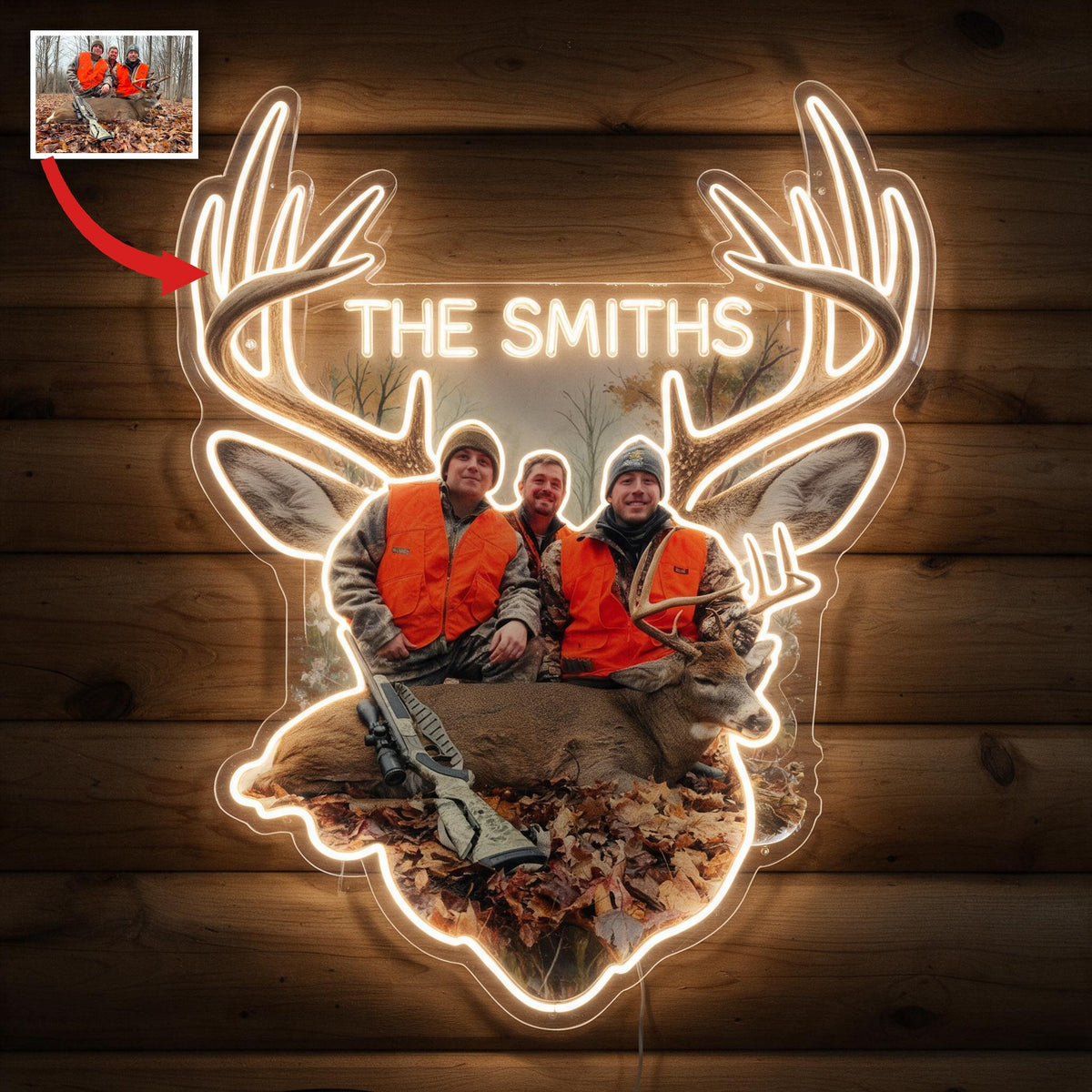 Personalized Custom Photo Hunting Group with Deer Neon LED Light Sign Hunting Cabin Decor