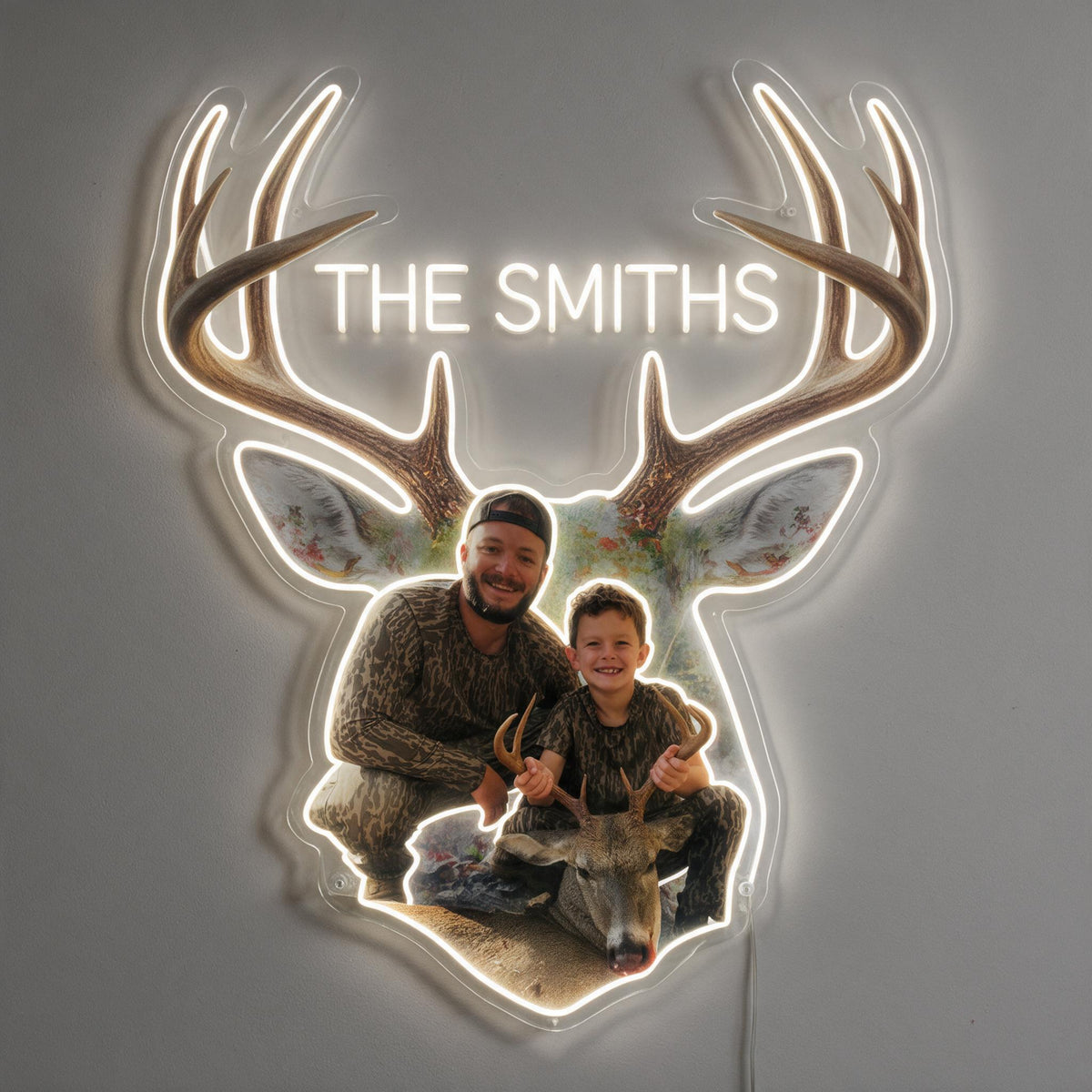 Personalized Custom Photo Hunter and Child with Deer Neon LED Light Sign Hunting Decor