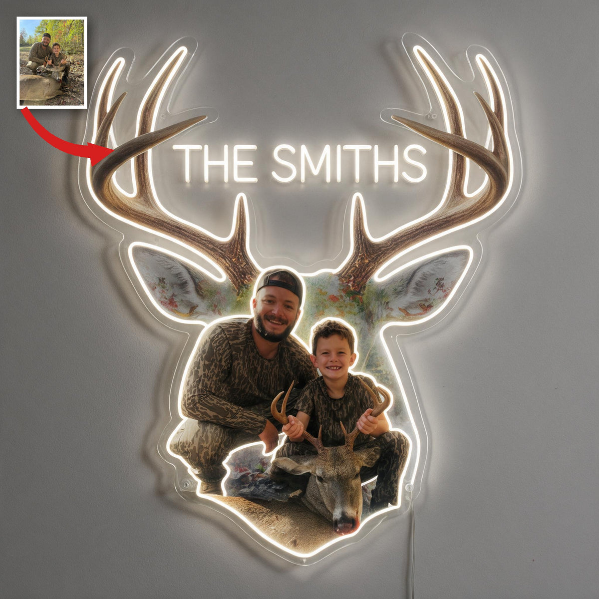 Personalized Custom Photo Hunter and Child with Deer Neon LED Light Sign Hunting Decor