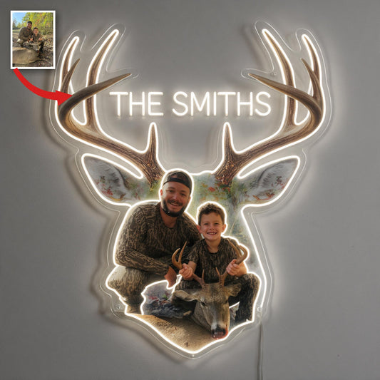Panneau lumineux LED néon personnalisé Photo Chasseur et Enfant avec Cerf