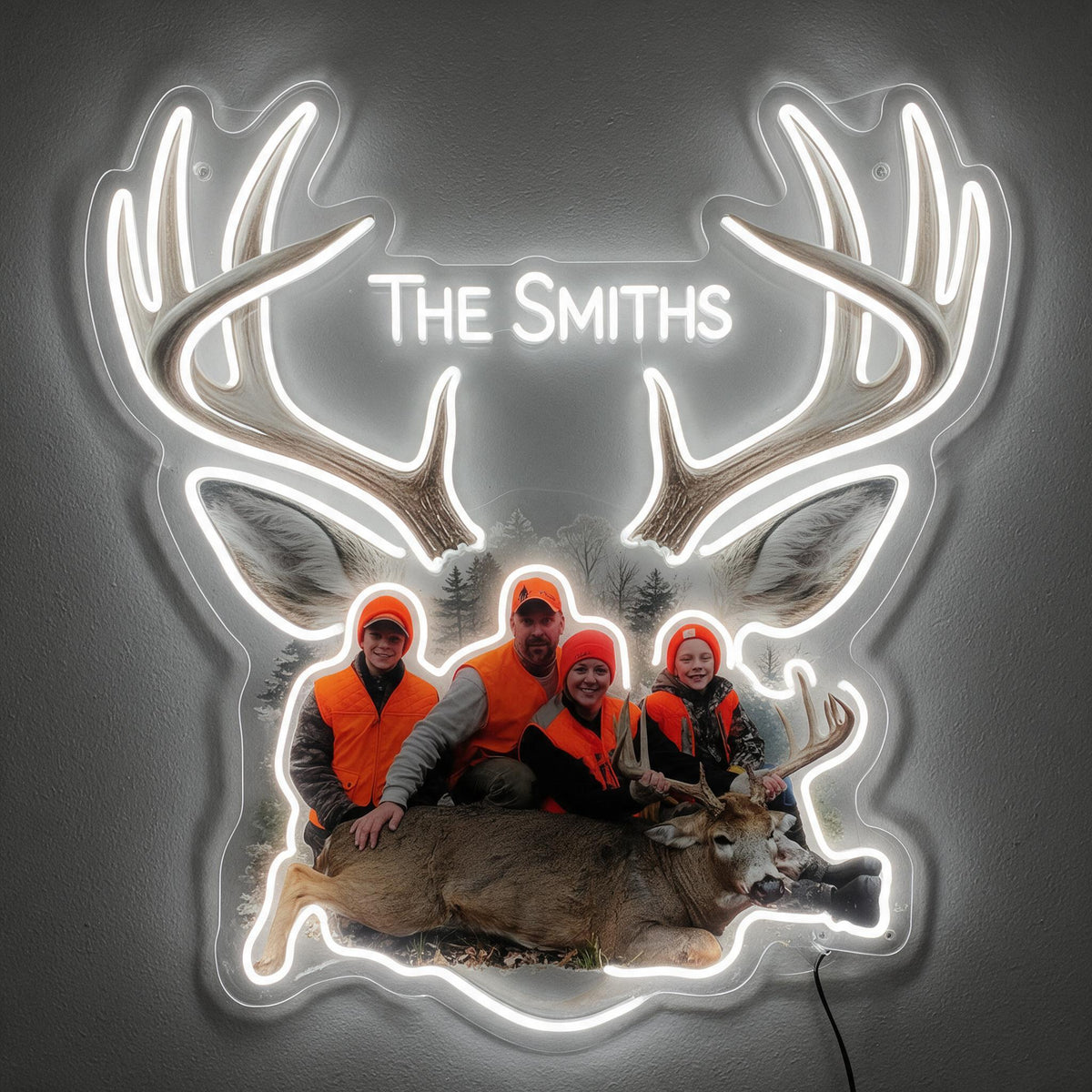 Personalized Custom Photo Hunting Family with Deer Neon LED Light Sign Wall Decor