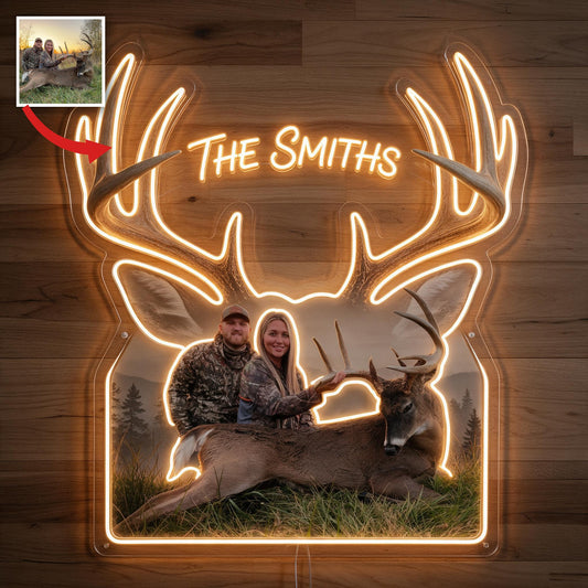 Panneau lumineux LED néon personnalisé photo couple chasseur avec cerf