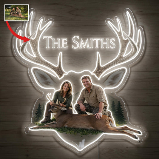 Panneau lumineux LED néon personnalisé Couple de chasseurs d'âge moyen avec cerf