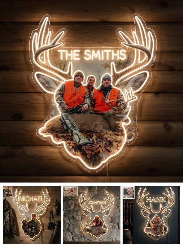 Personalized Custom Photo Hunting Group with Deer Neon LED Light Sign Hunting Cabin Decor