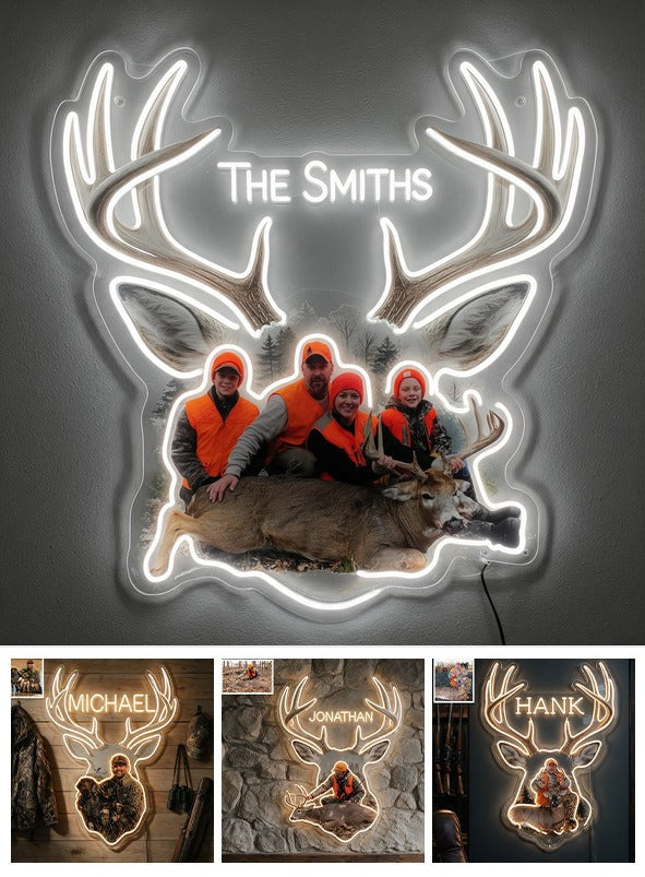 Personalized Custom Photo Hunting Family with Deer Neon LED Light Sign Wall Decor