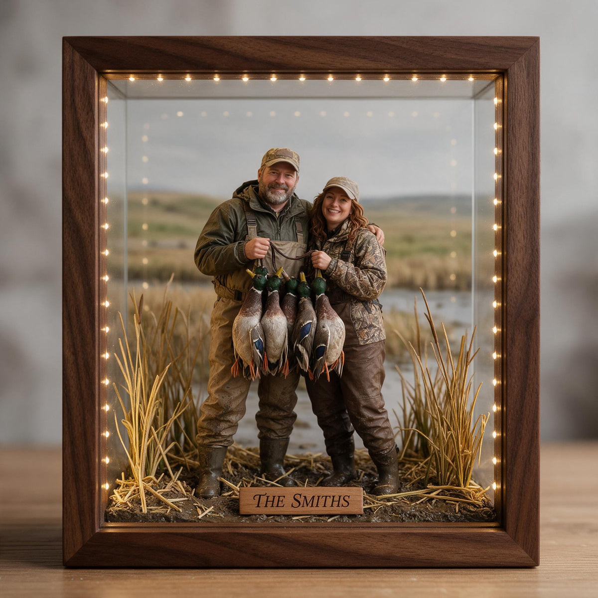 Personalized Custom Photo Middle-aged Duck Hunting Couple Wooden Frame LED Light Hunting Gift