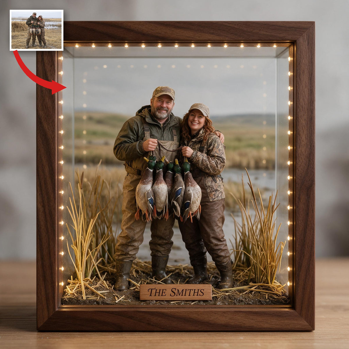 Personalized Custom Photo Middle-aged Duck Hunting Couple Wooden Frame LED Light Hunting Gift