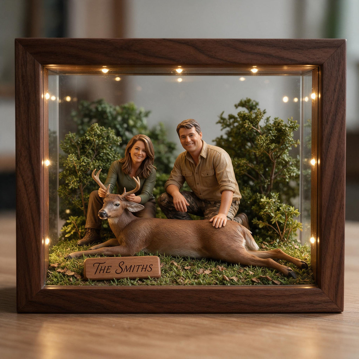 Personalized Custom Photo Middle-Aged Hunting Couple with Deer Wooden Frame LED Light Hunting Gift