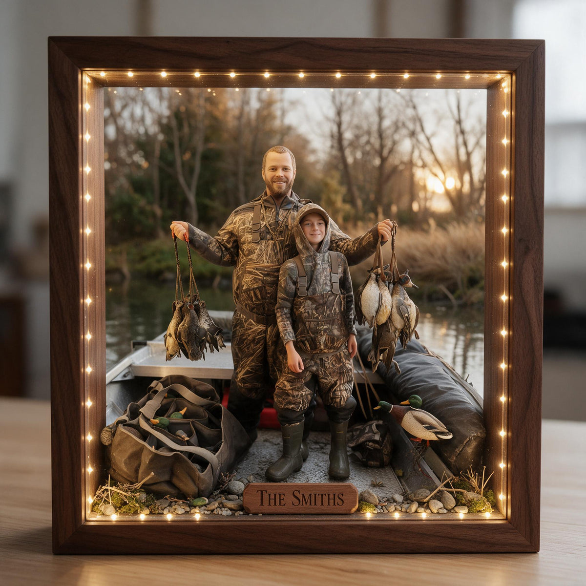 Personalized Custom Photo Father and Child Duck Hunters Wooden Frame LED Light Hunting Gift