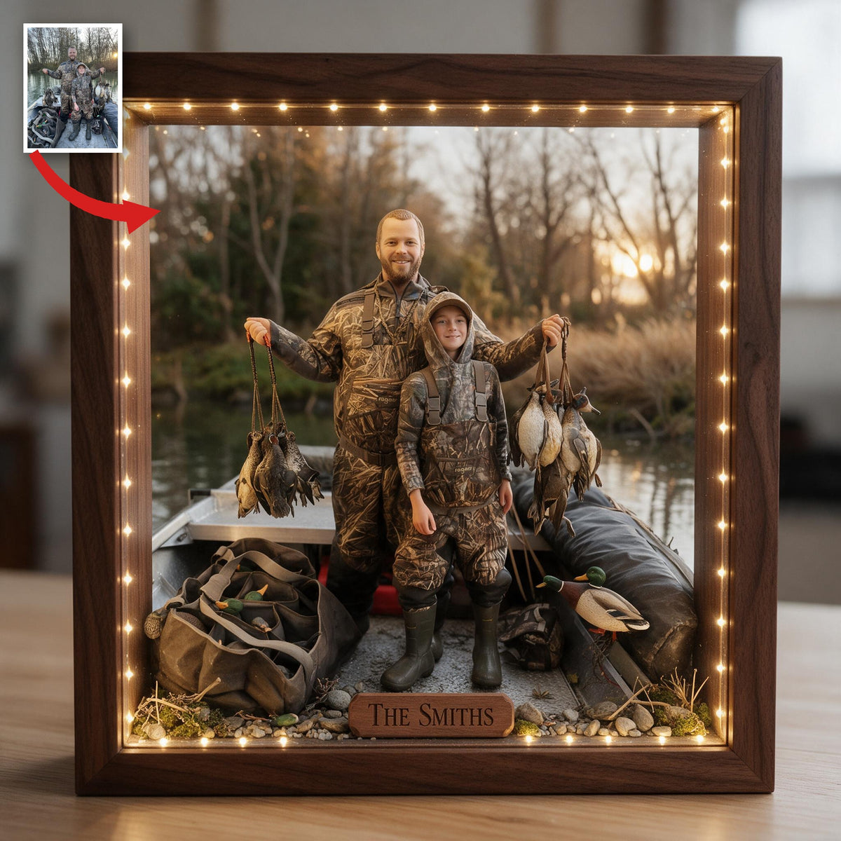 Personalized Custom Photo Father and Child Duck Hunters Wooden Frame LED Light Hunting Gift