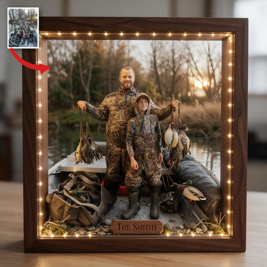 Personalized Custom Photo Father and Child Duck Hunters Wooden Frame LED Light Hunting Gift