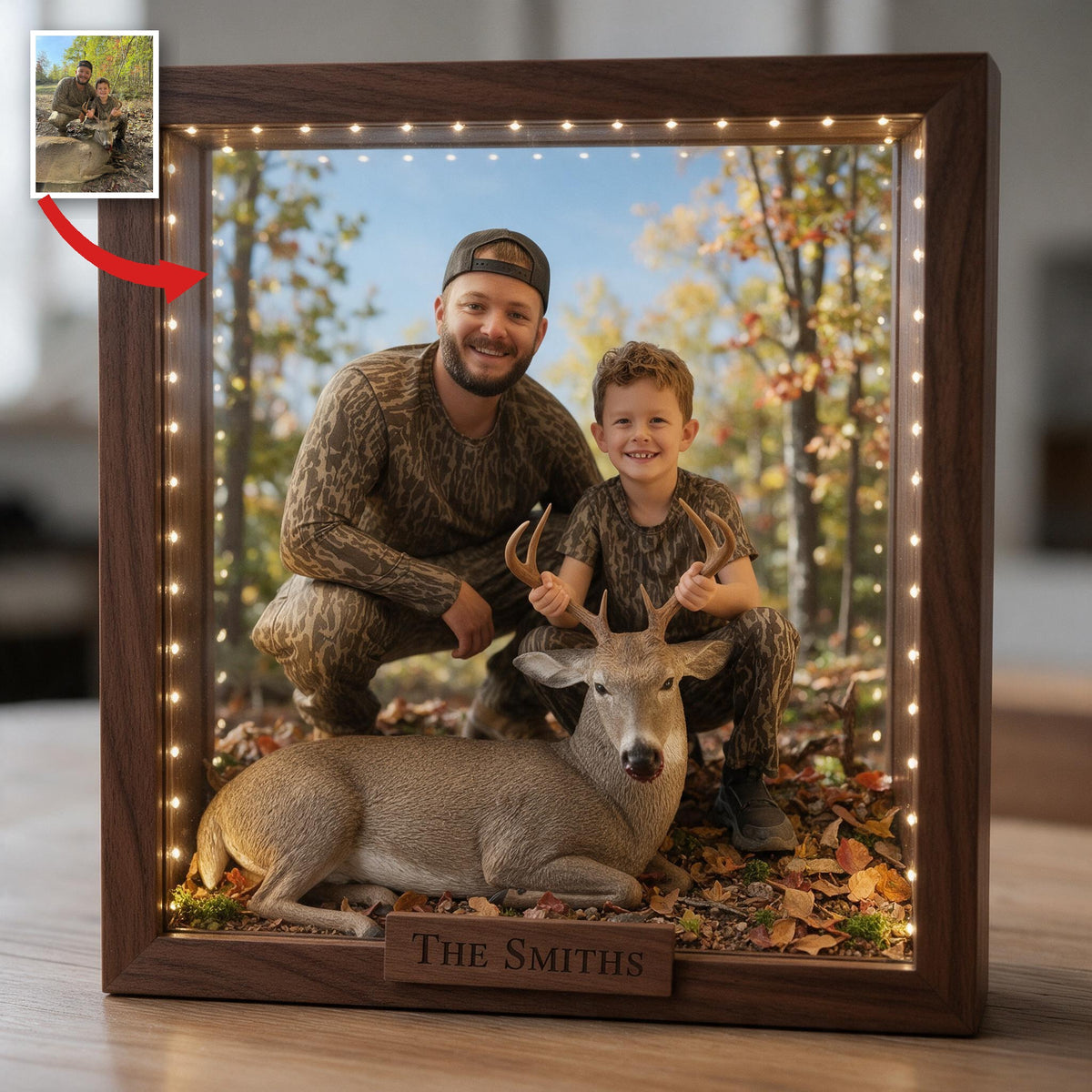 Personalized Custom Photo Hunter and Child with Deer Wooden Frame LED Light Hunting Gift