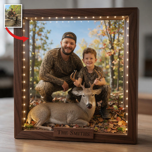 Personalized Custom Photo Hunter and Child with Deer Wooden Frame LED Light Hunting Gift