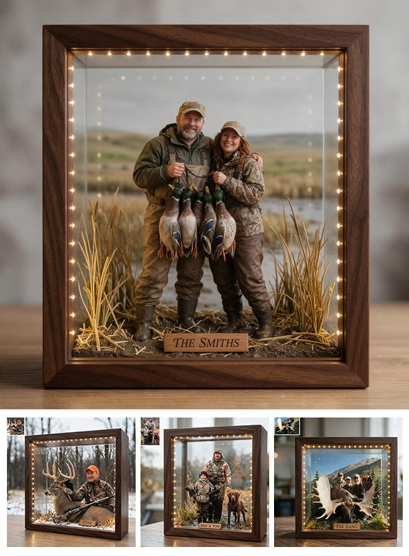 Personalized Custom Photo Middle-aged Duck Hunting Couple Wooden Frame LED Light Hunting Gift