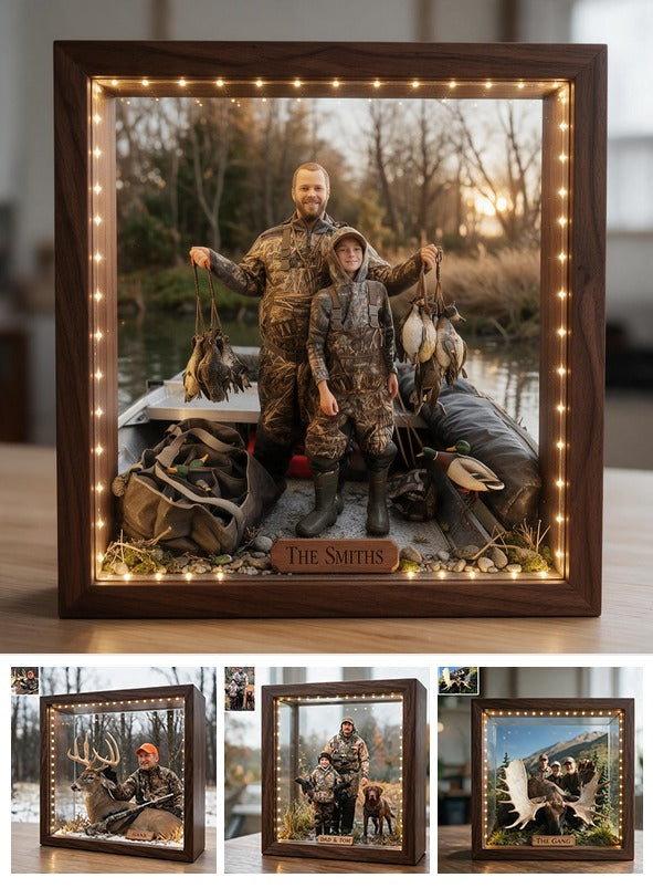 Personalized Custom Photo Father and Child Duck Hunters Wooden Frame LED Light Hunting Gift