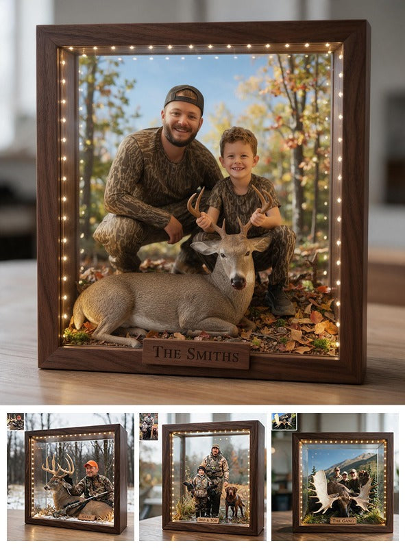 Personalized Custom Photo Hunter and Child with Deer Wooden Frame LED Light Hunting Gift