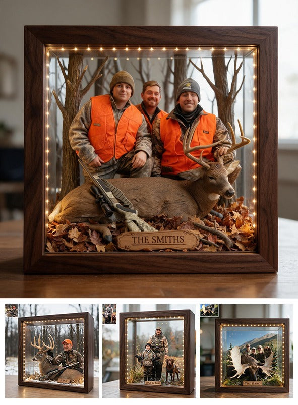 Personalized Custom Photo Hunting Group with Deer Wooden Frame LED Light Hunting Gift
