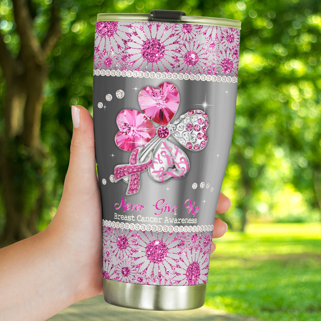 Never Give Up Rhinestone Pattern Print Breast Cancer Awareness Tumbler 0622