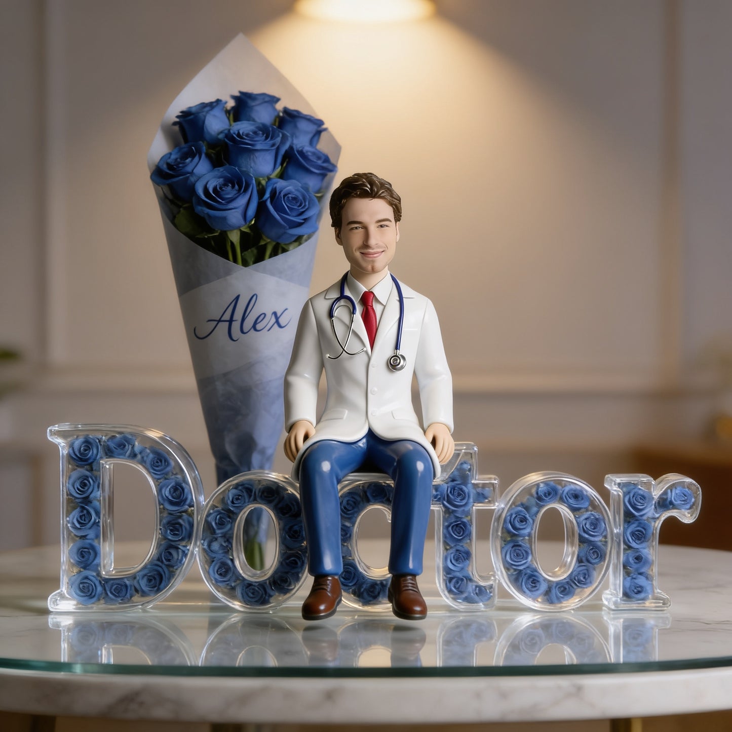 Personalized Male Doctor Figurine Statue - Custom White Male Doctor Nameplate Keepsake - Luxury Blue Rose Desk Ornament Gift