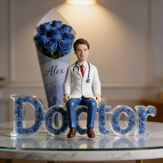 Personalized Male Doctor Figurine Statue - Custom White Male Doctor Nameplate Keepsake - Luxury Blue Rose Desk Ornament Gift