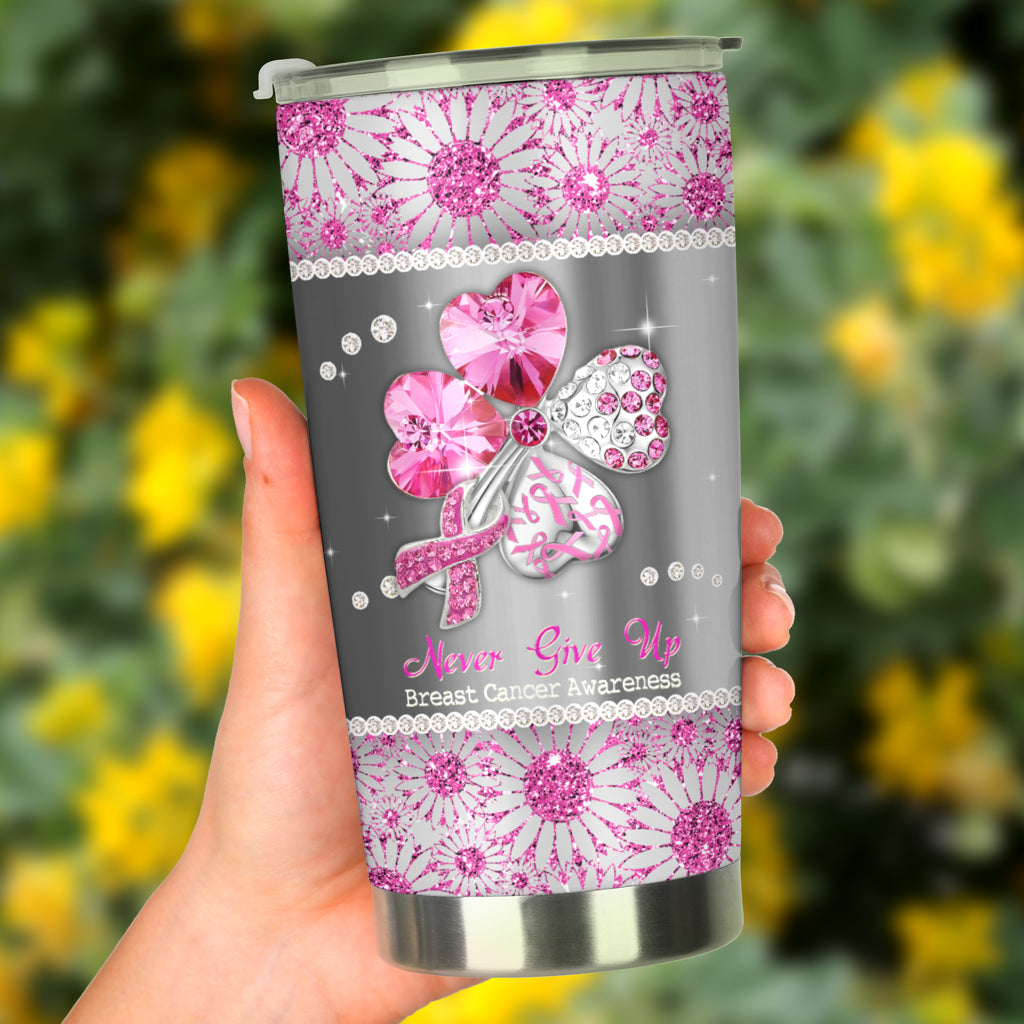 Never Give Up Rhinestone Pattern Print Breast Cancer Awareness Tumbler 0622