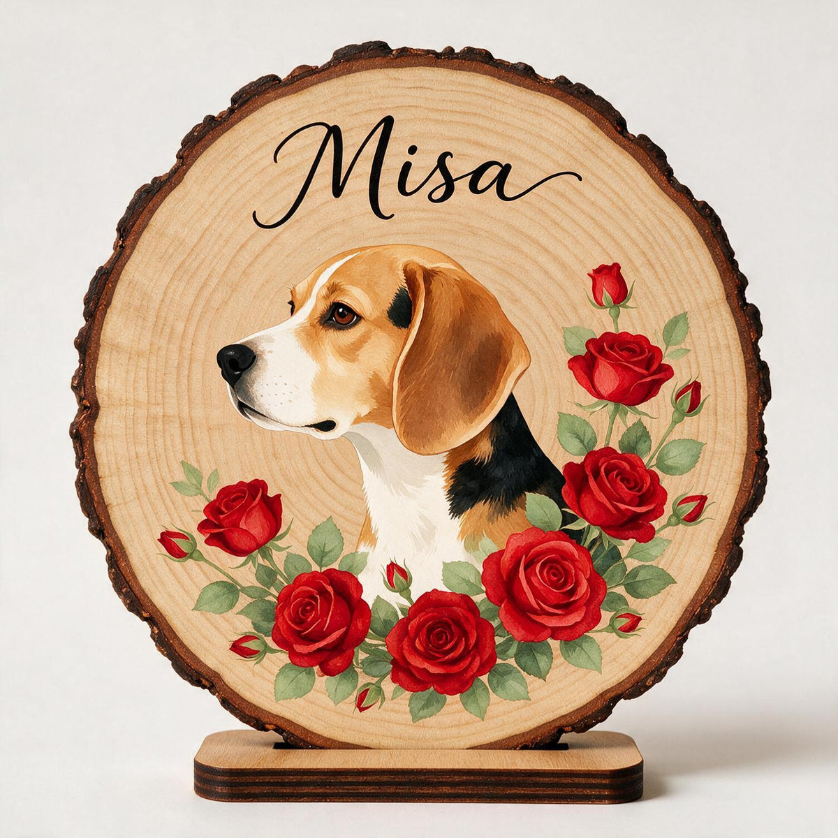 Personalized Beagle Red Roses 2-Layer Wooden Plaque - Custom Pet Memorial Gift for Dog Lovers