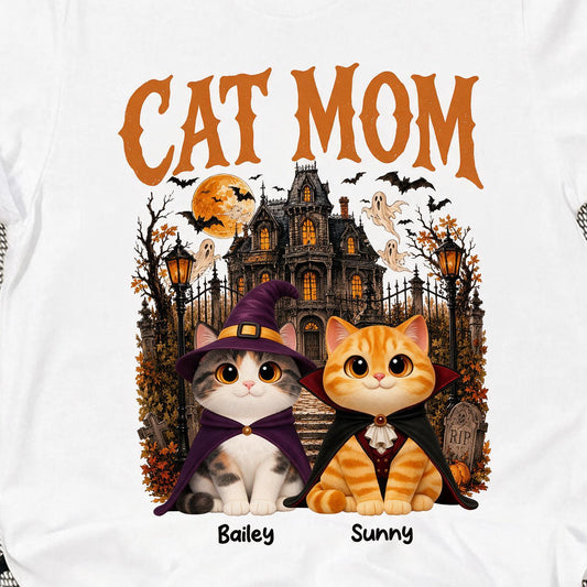 T-shirt d'Halloween Personnalisé pour Maman de Chat - Costume Maison Hantée Rétro Cadeau Personnalisé pour Amoureux des Chats