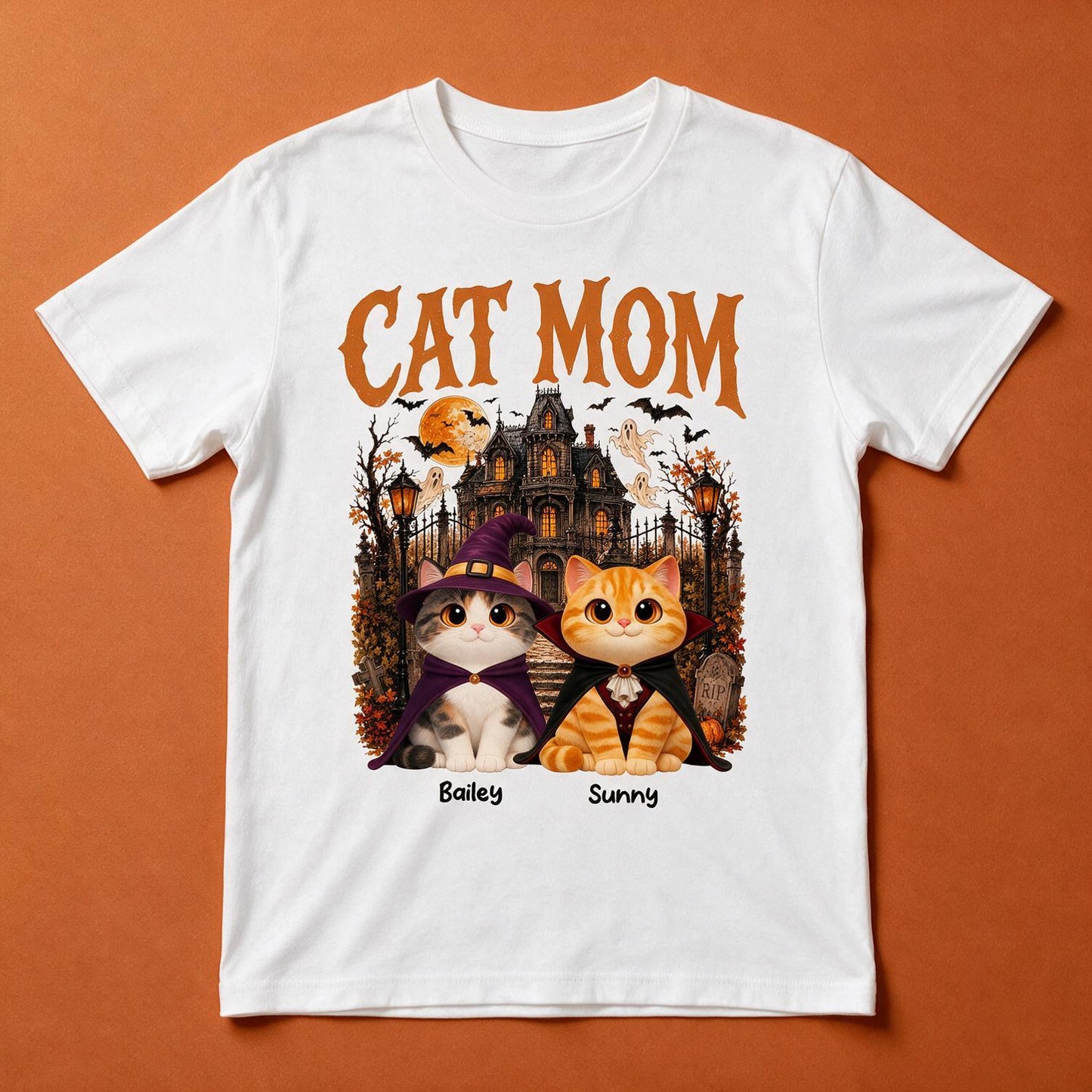 Personalized Cat Mom Halloween Shirt - Retro Haunted House Costume Cats Custom Name Gift For Cat Lovers