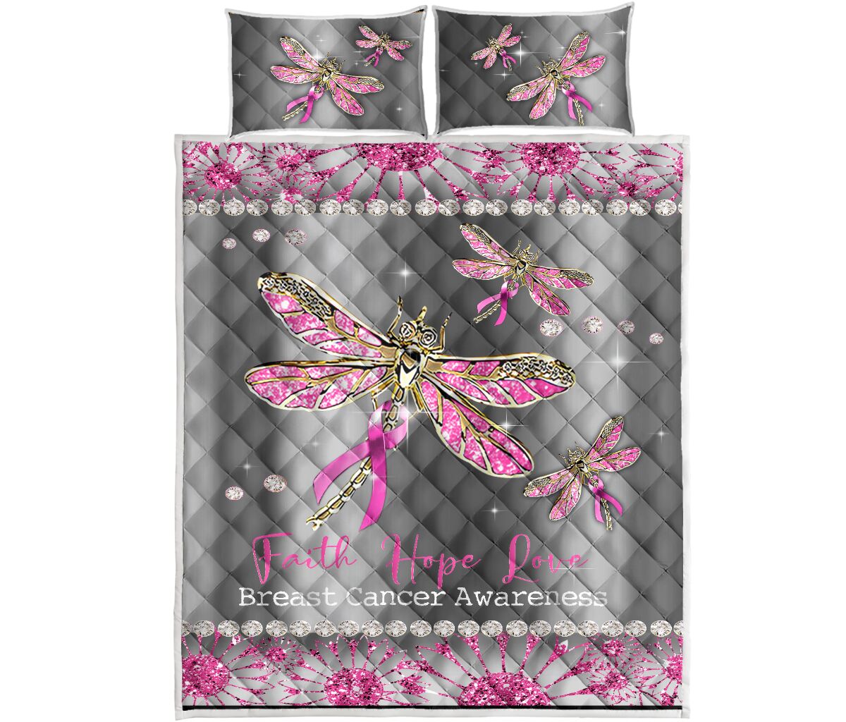 Ensemble de courtepointe de sensibilisation au cancer du sein Foi, Espoir et Amour 0622