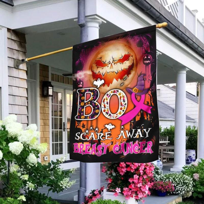 Halloween-Kürbis und rosa Schleife zum Wegscheuchen – Hausflagge zur Sensibilisierung für Brustkrebs 0822