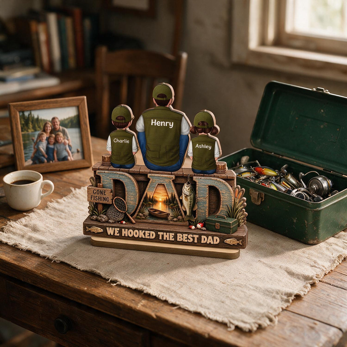 We Hooked The Best Dad Personalized 2-Layered Wooden Plaque - Father's Day Gift for Fishing Dad with Kids Names