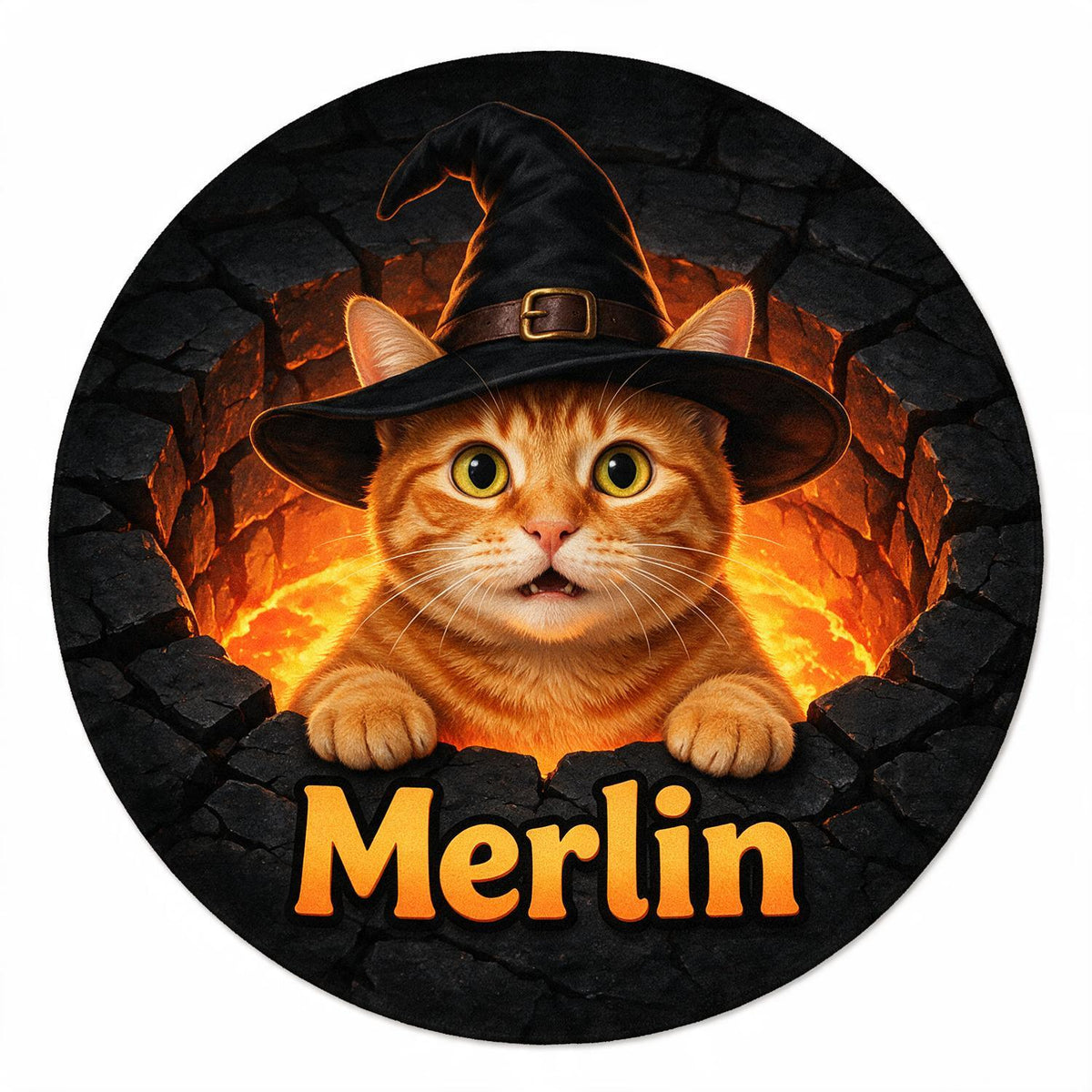 Personalisierte Halloween Orange Tabby Katze Hexenhut Runde Fußmatte | Geschenk für Katzenmütter