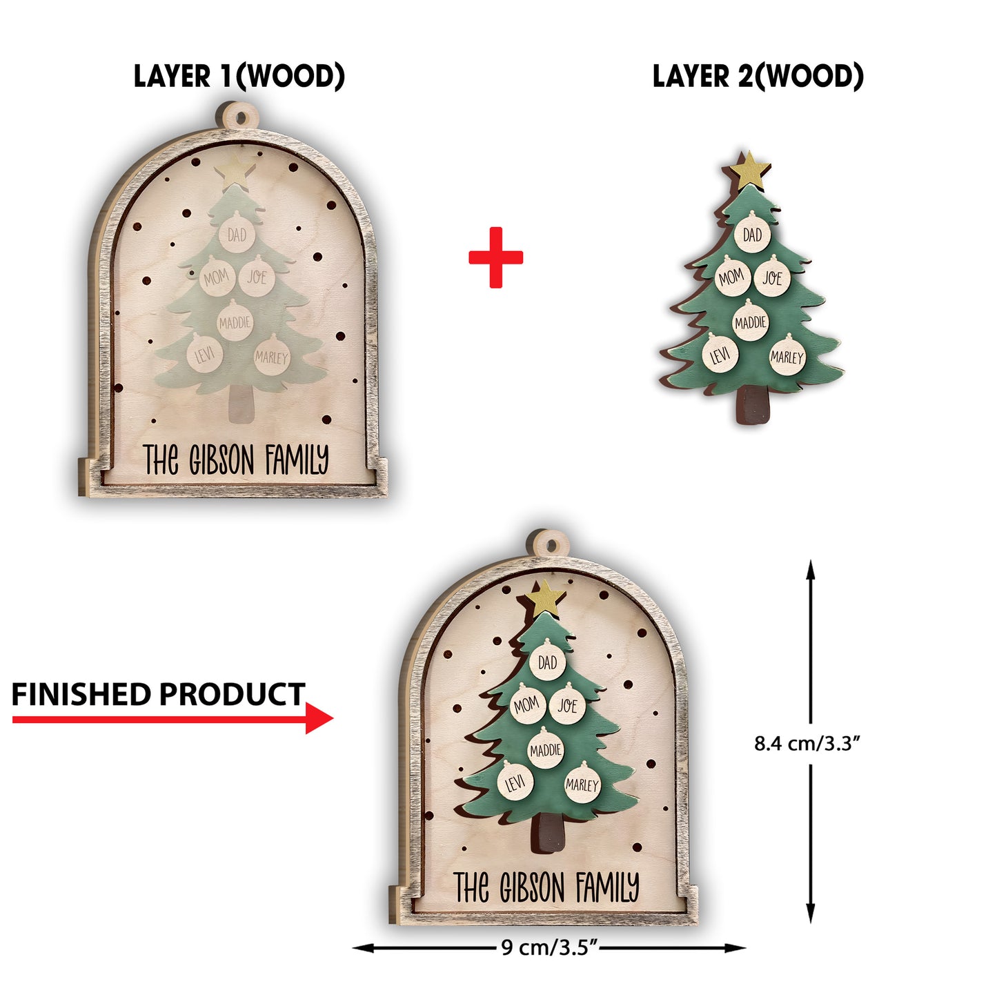 Christmas Tree - Personalized Family 2 Layered Piece Ornament