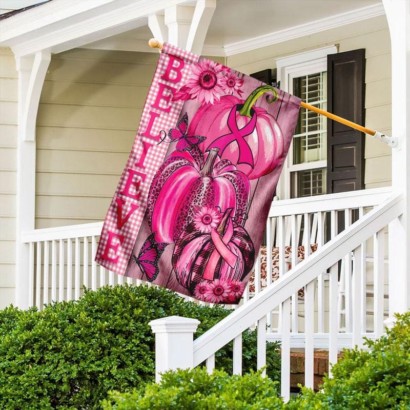 Believe Halloween Pumpkin Pink Ribbon & Sunflower - Breast Cancer Awareness House Flag 0822