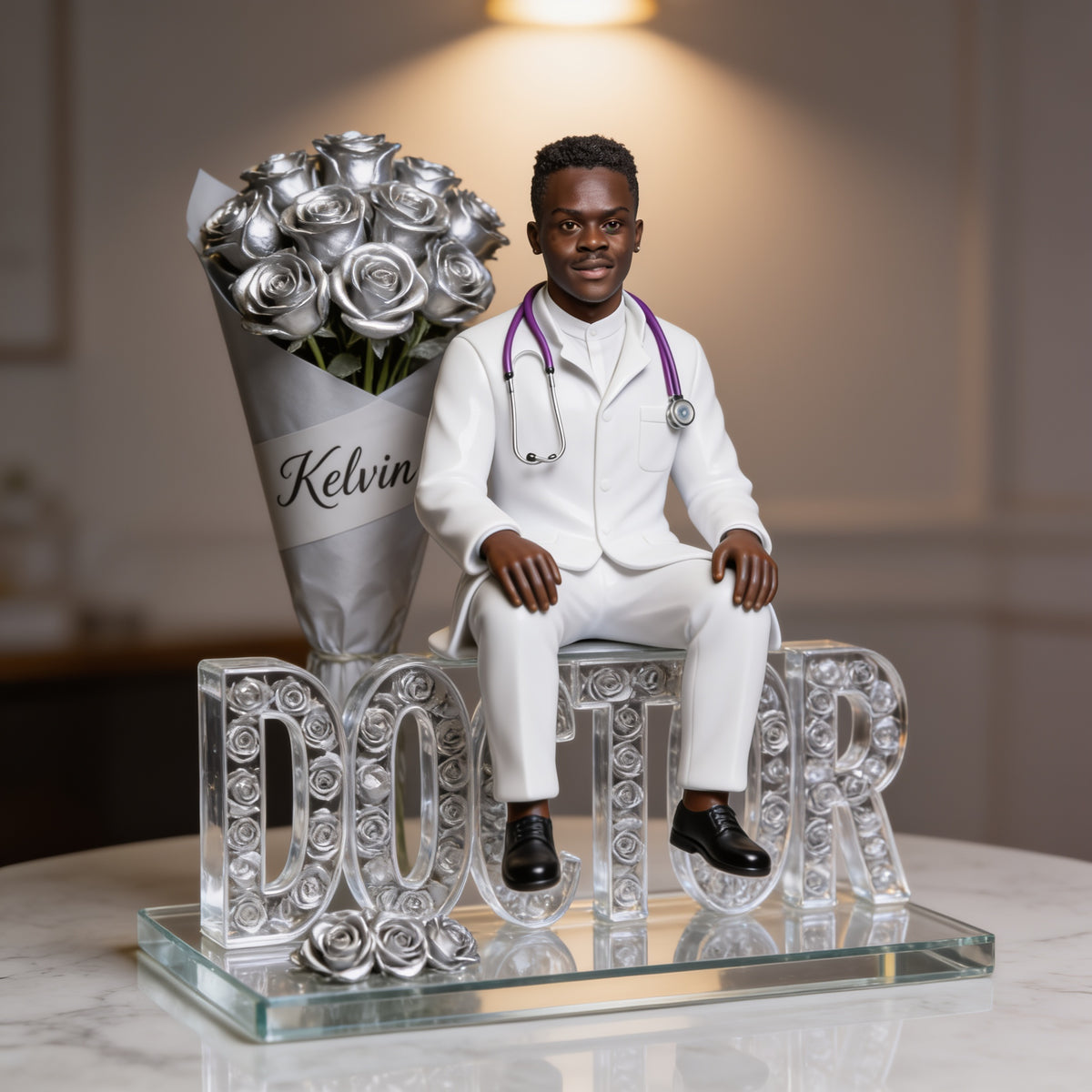 Personalized Black Male Doctor Figurine Statue - Custom Physician Nameplate Keepsake - Luxury Silver Rose Desk Ornament Gift