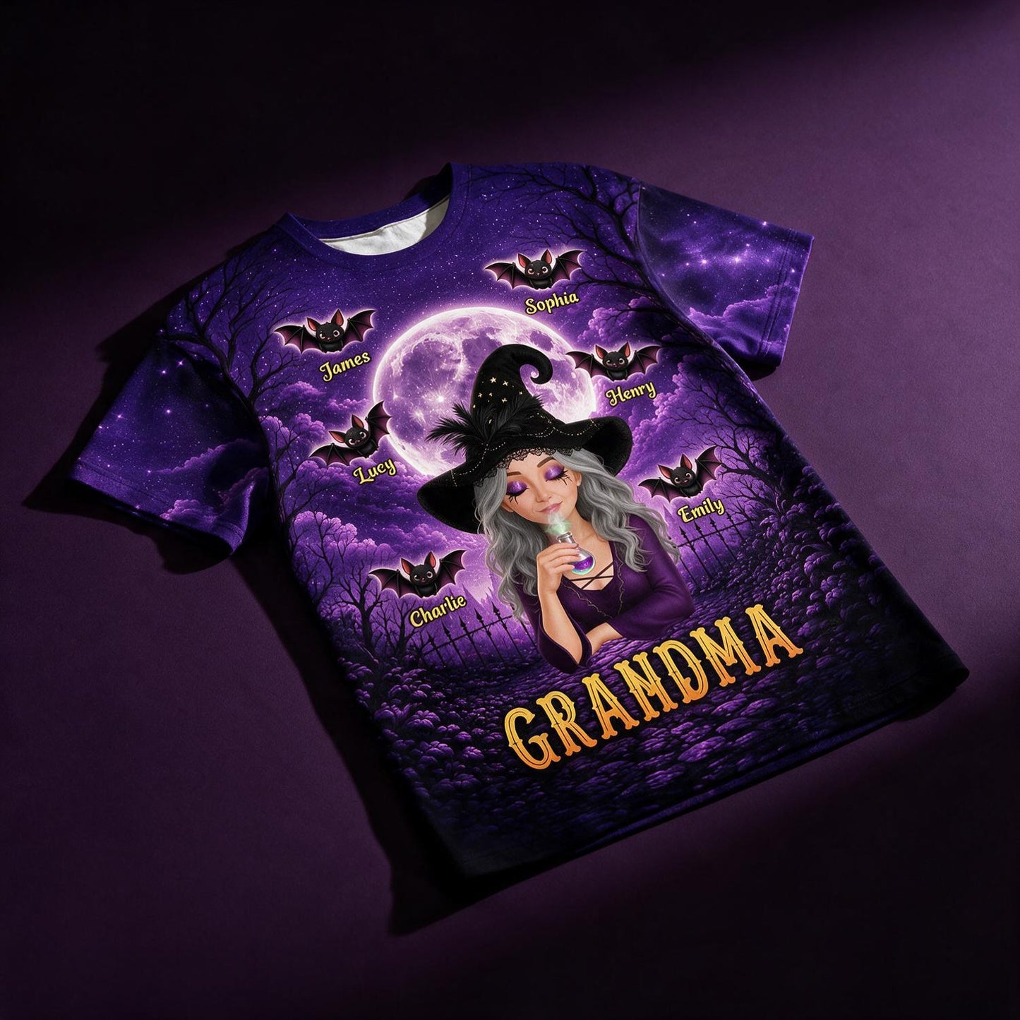 Personalized Grandma Witch Halloween Shirt with Custom Grandkids Names on Bats - Spooky Family Gift for Grandma