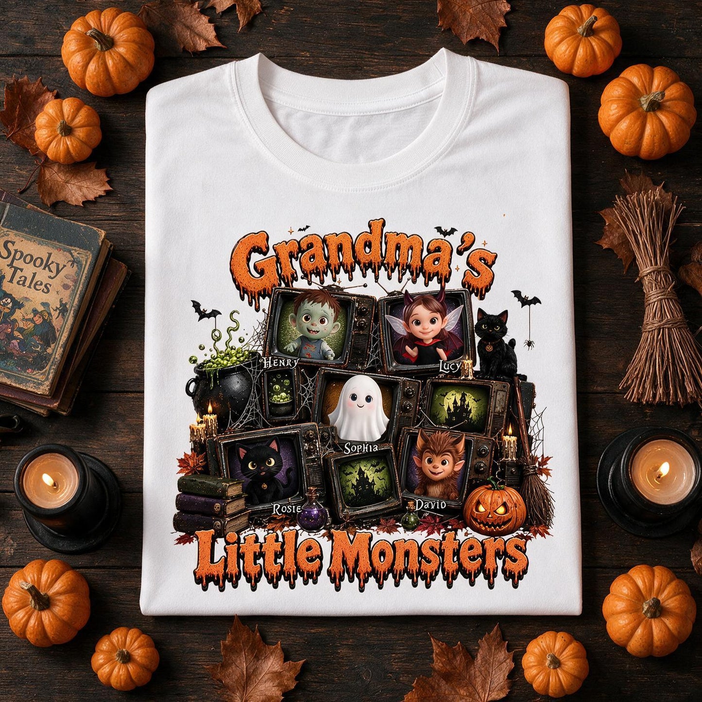 Grandma's Little Monsters Halloween Personalized Shirt - Vintage TV Grandkids Spooky Gift for Grandma