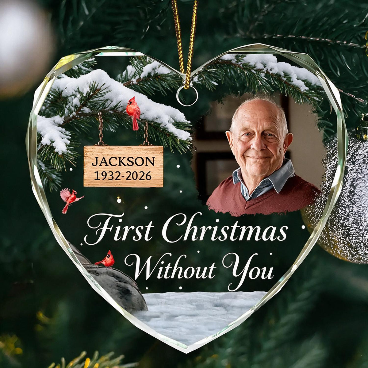 Personalized Christmas First Christmas Without You Heart Shaped Glass Ornament - Custom Photo Memorial Keepsake