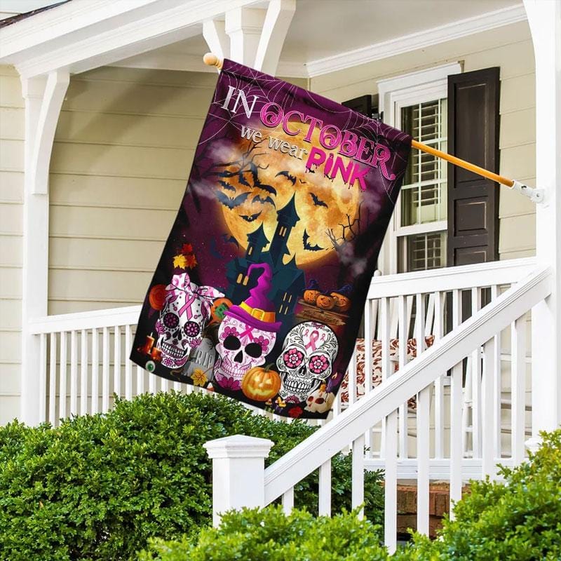 Im Oktober tragen wir eine rosa Halloween-Totenkopfflagge – Hausflagge zur Sensibilisierung für Brustkrebs 0822