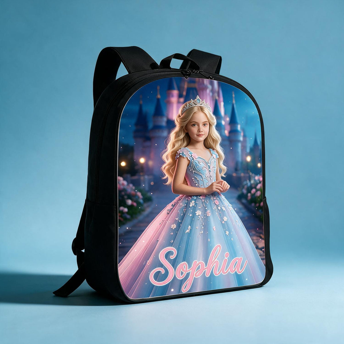 Personalized Princess Backpack - Blonde Princess Blue Pink Gown Castle - Custom Name Back to School Gift for Girls
