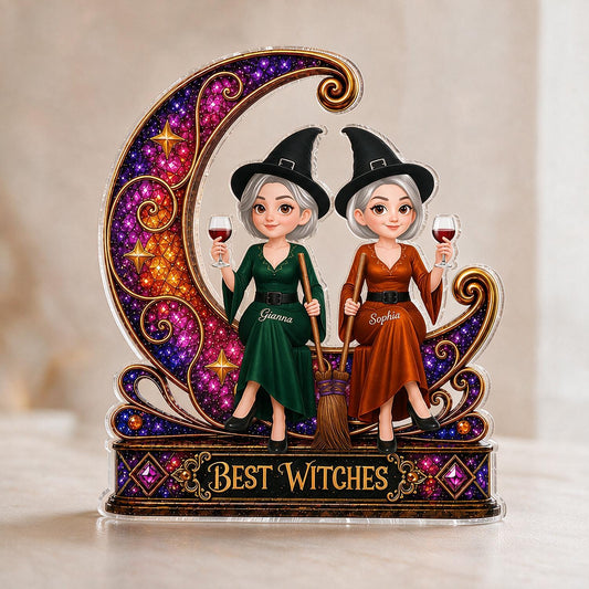 Bloc Acrylique Personnalisé Meilleures Sorcières Sur Lune Étincelante, Cadeau Décor Halloween Amie