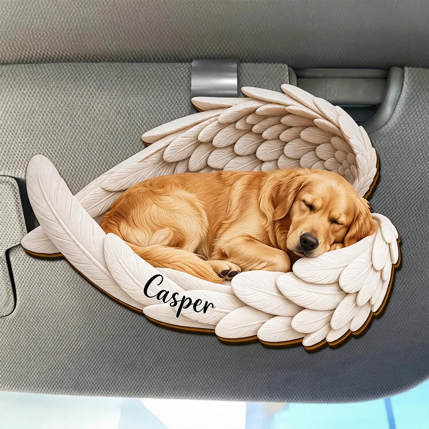Personalized Sleeping Golden Retriever in Angel Wings Pet Memorial Car Visor Clip - Custom Name Sympathy Gift for Dog Loss