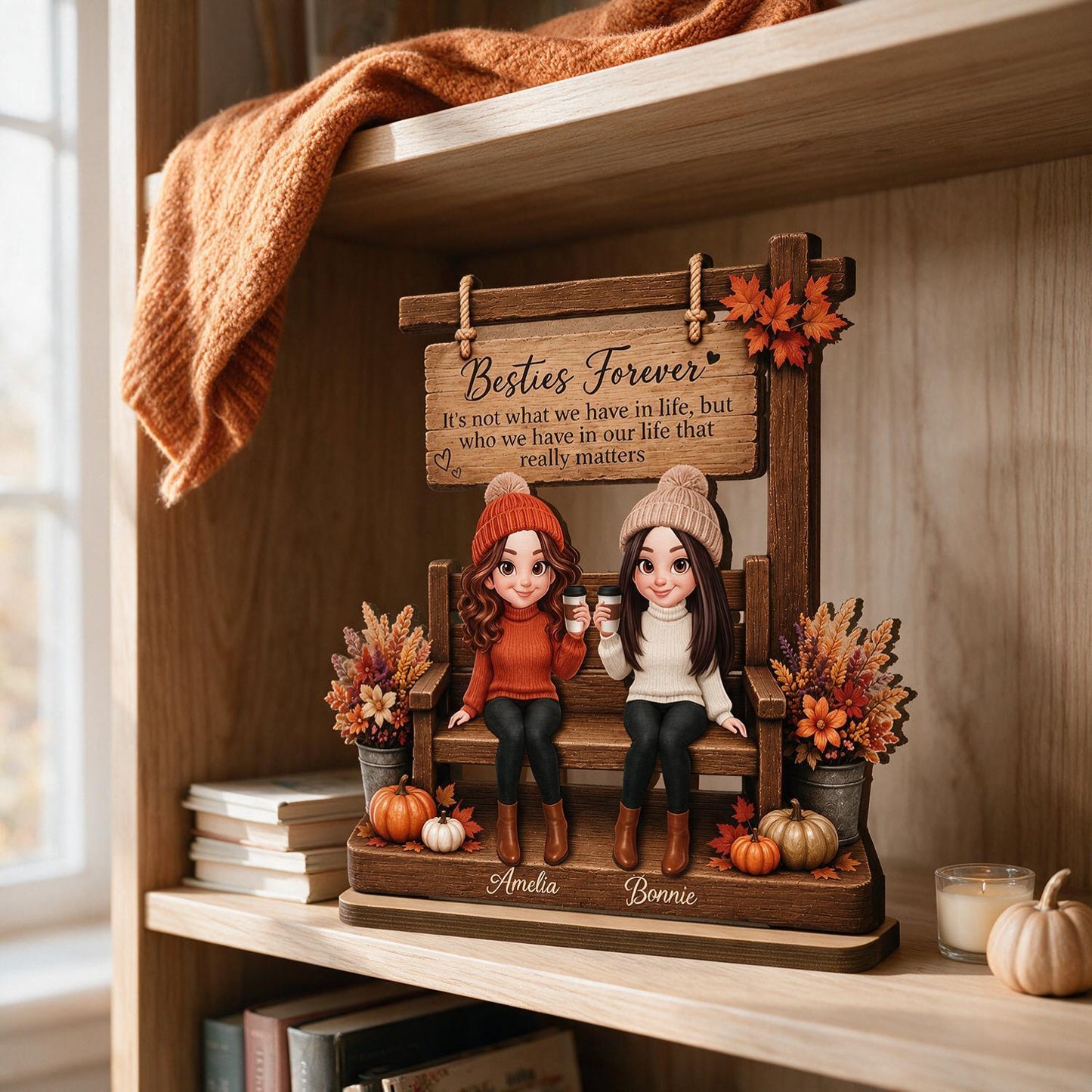 Personalized Fall Best Friends Forever Wooden Plaque - Custom Name Standing Desk Decor Gift for Bestie