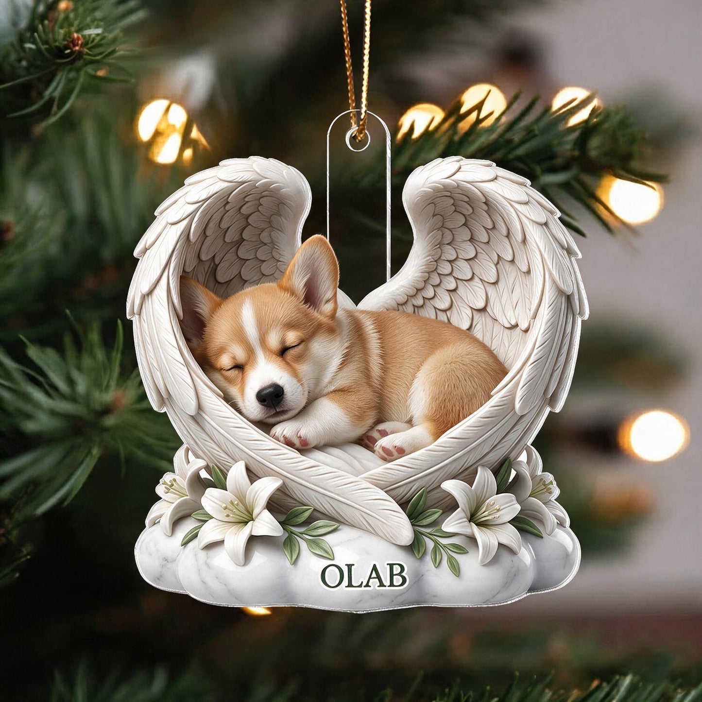 Personalized Sleeping Corgi Angel Wings Acrylic Ornament - Custom Name Pet Memorial Gift for Dog Lovers